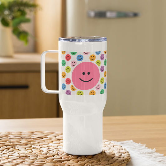 Pink Smiley Travel Mug With A Handle
