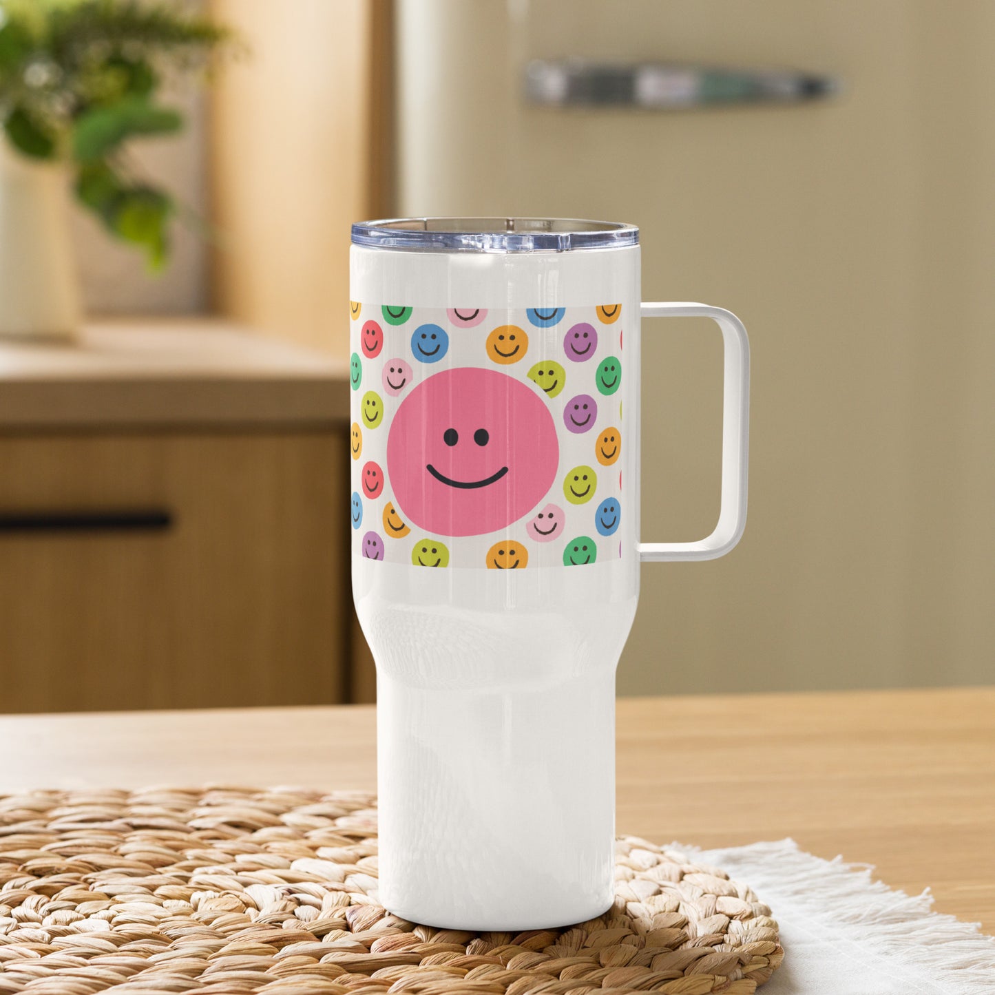 Pink Smiley Travel Mug With A Handle